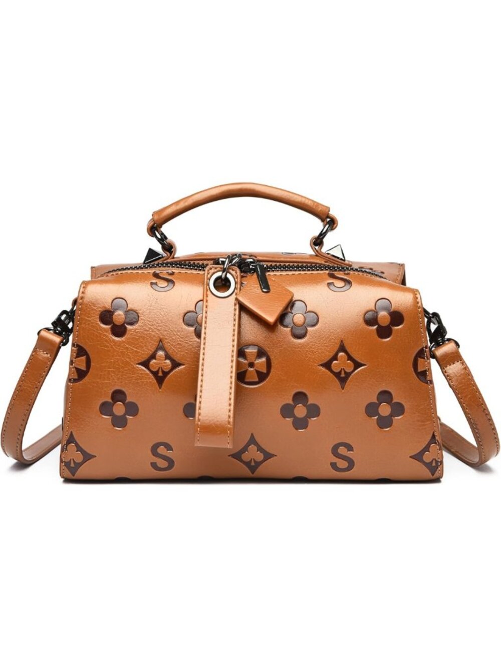 Stylish Small Leather Crossbody Handbag - Embossed Top Handle Satchel Tote Bag